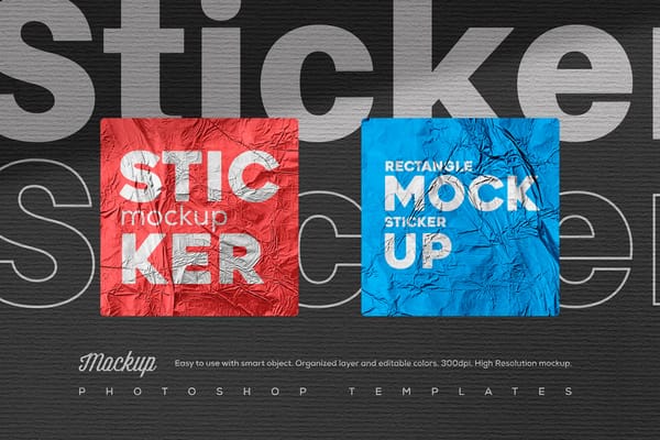 Two Square Sticker Mockup On Black Background