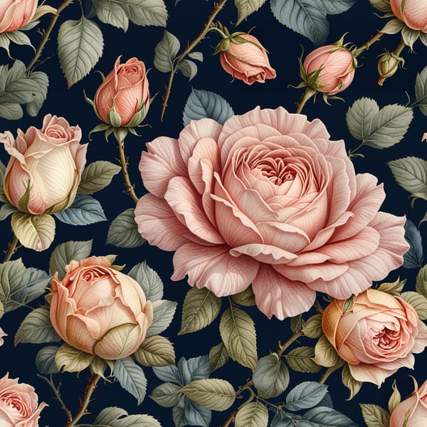 Large Pink Rose Blooms and Buds on Blue Pattern