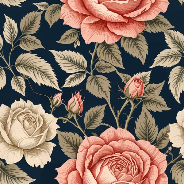 Peach Roses and Cream Buds on Dark Background Pattern