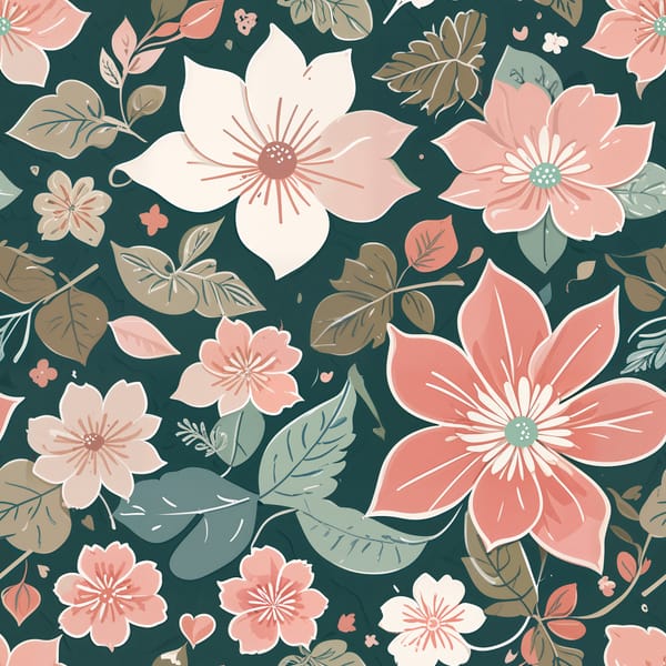 Pastel Pink Sakura Flowers on Dark Green Pattern