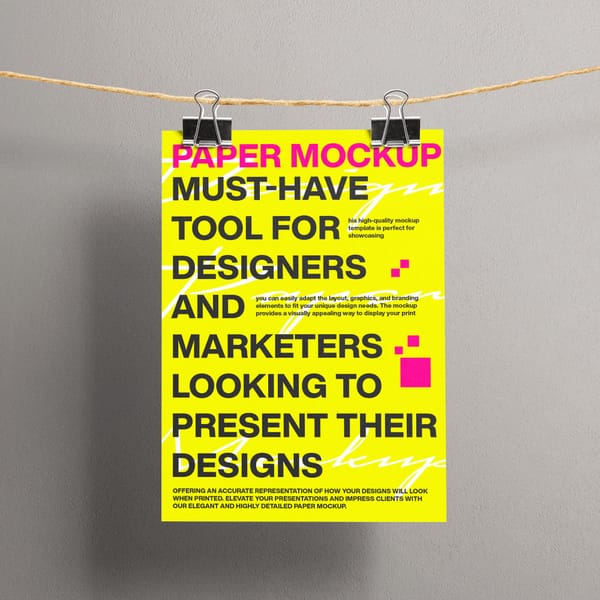 Hanging Paper Mockup With Rope And Clip