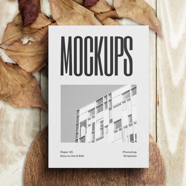 A5 Paper Mockup with Autumn Leaf Background
