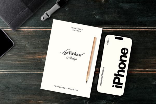 Letterhead and iPhone Mockup on Dark Wooden Desk