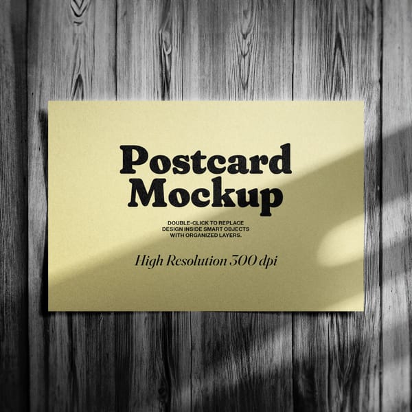 Postcard Mockup on Wood Background